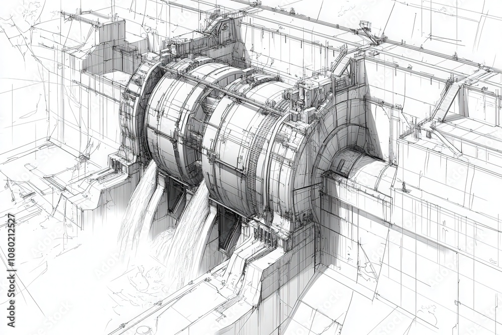 This technical sketch presents a hydroelectric dam featuring two large turbines, emphasizing water flow through the discharge system. The design focuses on mechanical details and structural elements.