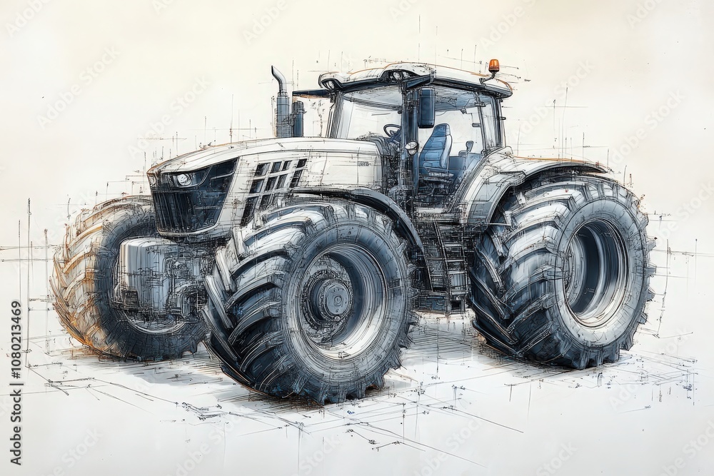 This technical sketch presents a modern tractor with detailed lines and dimensions, emphasizing its robust design and functional features essential for agricultural activities.