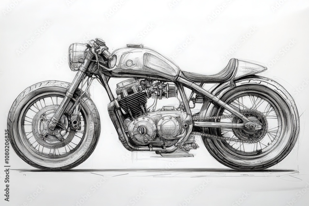 This technical sketch presents a motorcycle design featuring intricate details and components, demonstrating advanced engineering principles and artistic creativity in motorcycle manufacturing.