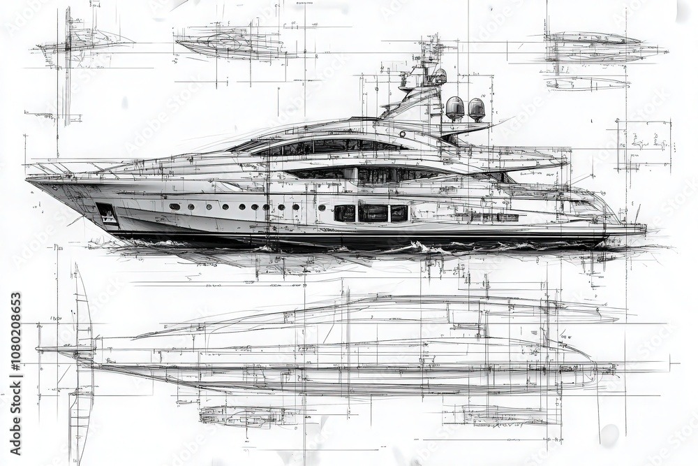 This technical sketch presents a sophisticated yacht design featuring intricate details and measurements. It captures the elegance and engineering elements of luxury marine architecture.