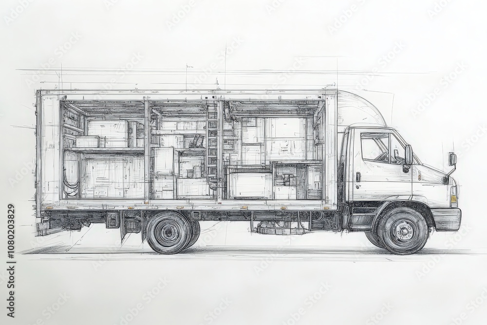 This technical sketch provides a detailed view of a delivery truck, highlighting its internal storage compartments and layout. The design focuses on maximizing efficiency for transporting goods.