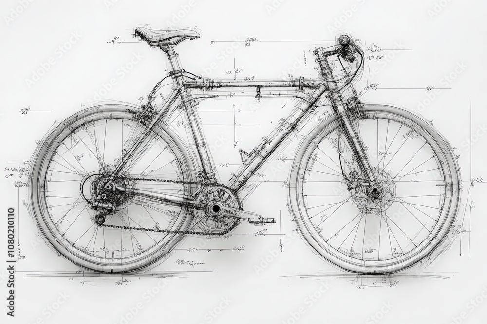 This technical sketch showcases a bicycle frame, detailing measurements and structural components. It captures the intricacies of bicycle design for engineering and production purposes.