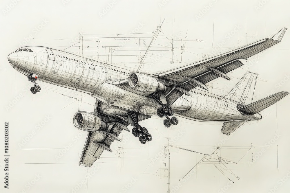 This technical sketch showcases a commercial aircraft, including structural details and design elements. The drawing highlights engineering precision and features necessary for an aviation project.