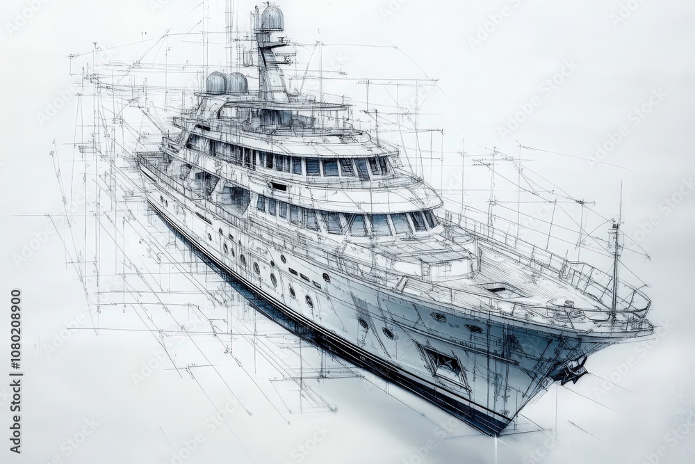 This technical sketch showcases a detailed design of a luxurious yacht, featuring elegant lines and advanced engineering. The drawing highlights various structural elements and specifications.