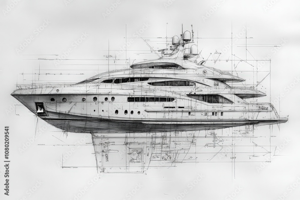This technical sketch showcases a detailed design of a luxurious yacht, featuring intricate lines and measurements. The drawing emphasizes the yachts elegant structure and innovative features.