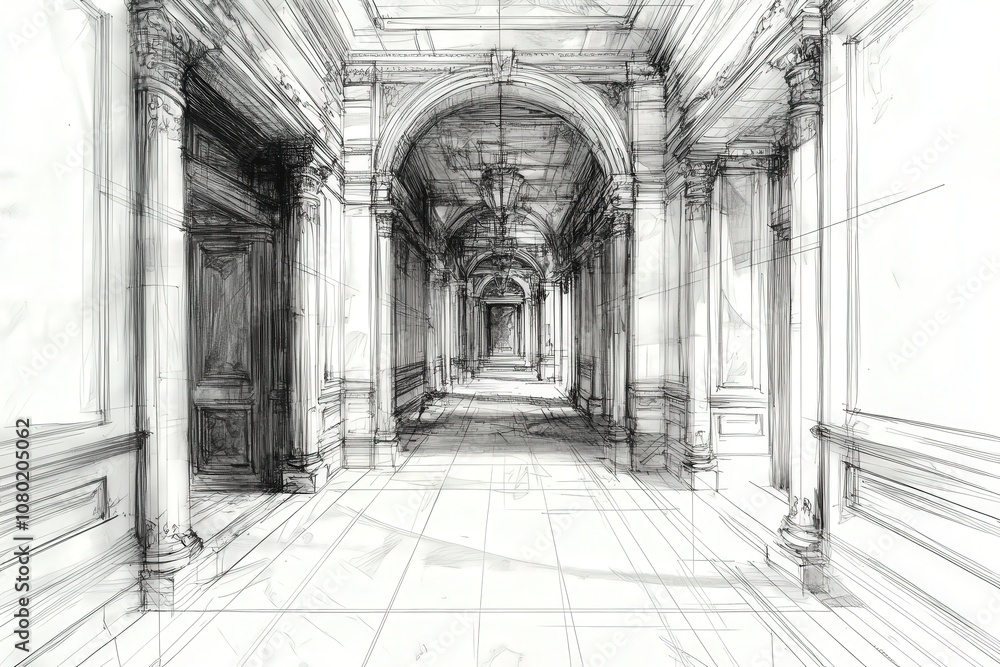 This technical sketch showcases a hallway featuring parallel arches and decorative columns. The design emphasizes architectural details and depth, revealing an artistic perspective on spatial layout.