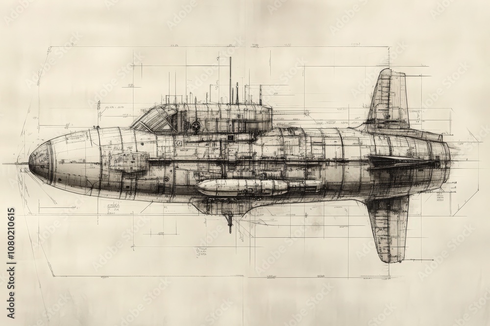 This technical sketch showcases a meticulously detailed design of a deep-sea submersible, illustrating its structure, components, and dimensions, aimed at exploring ocean depths effectively.