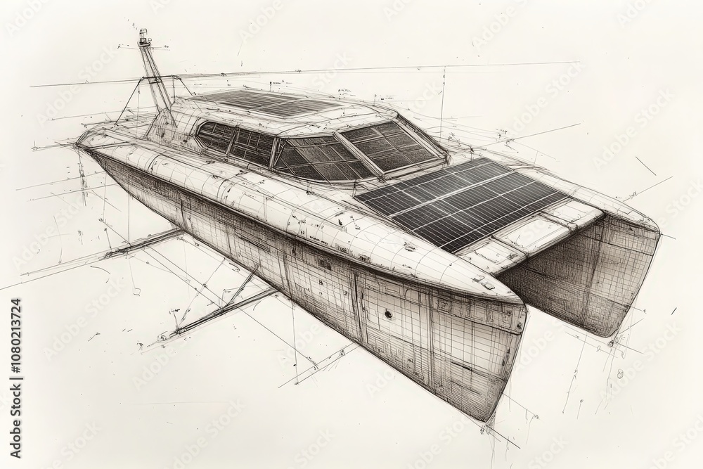 This technical sketch showcases a solar-powered catamaran, highlighting its innovative design and solar panel integration. The drawing emphasizes the vessels structure and functionality.