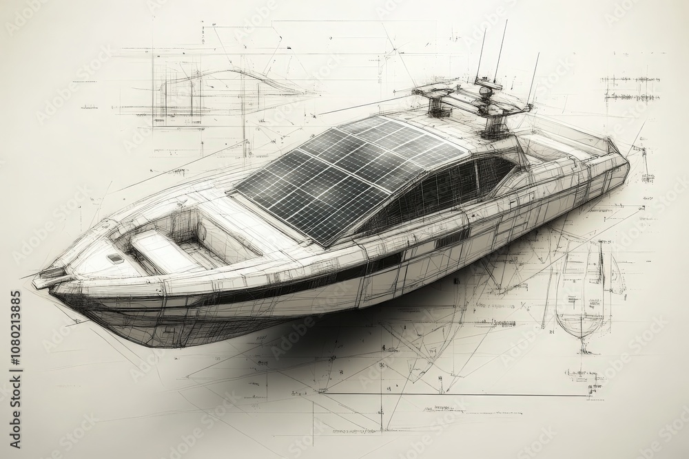 This technical sketch showcases a solar-powered yacht design featuring solar panels, advanced navigation equipment, and streamlined aesthetics. The focus is on sustainable boating technology.