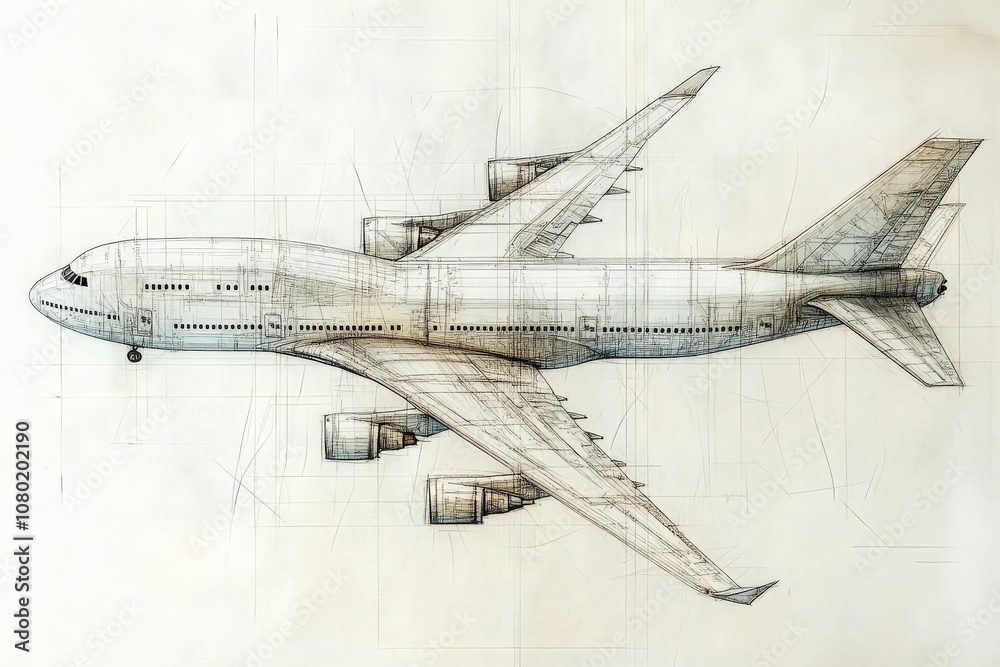 This technical sketch showcases a top view of a commercial airplane, illustrating intricate details of its design, including wings and engines. It serves as a blueprint for engineering purposes.