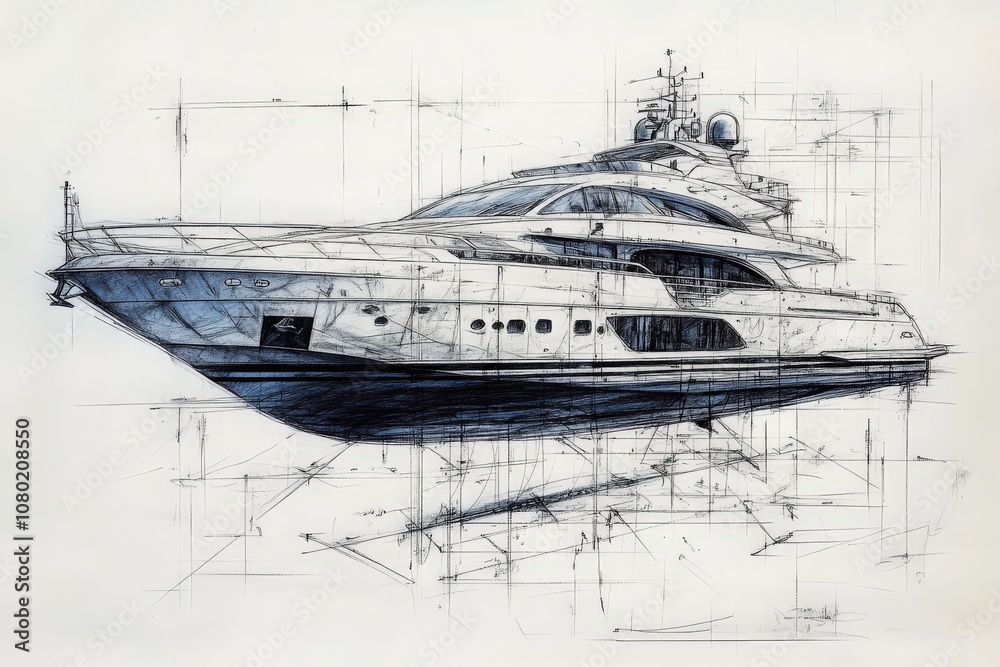 This technical sketch showcases an intricate drawing of a modern yacht, emphasizing its elegant design, structural details, and sleek lines, perfect for illustrating yacht architecture concepts.