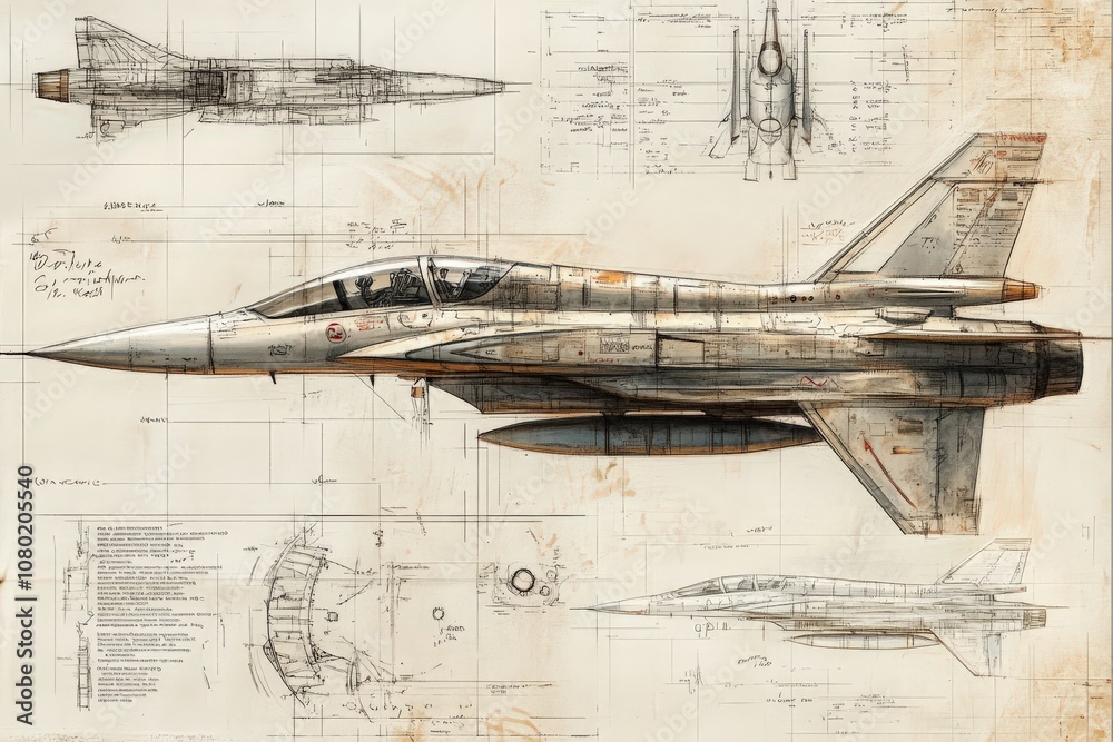 This technical sketch showcases detailed drawings of a jet fighter with annotations, including various angles and design specifications.