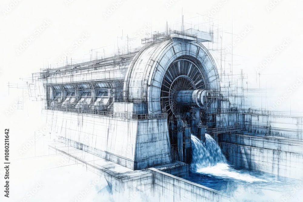 This technical sketch showcases the detailed design of a hydroelectric dam, featuring the structures components, water flow mechanics, and engineering specifics to generate electricity.