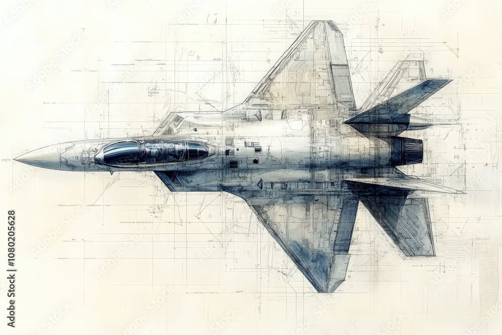 This technical sketch shows an overhead view of a jet fighter, highlighting its aerodynamic features, design details, and engineering specs, showcasing advanced technology.