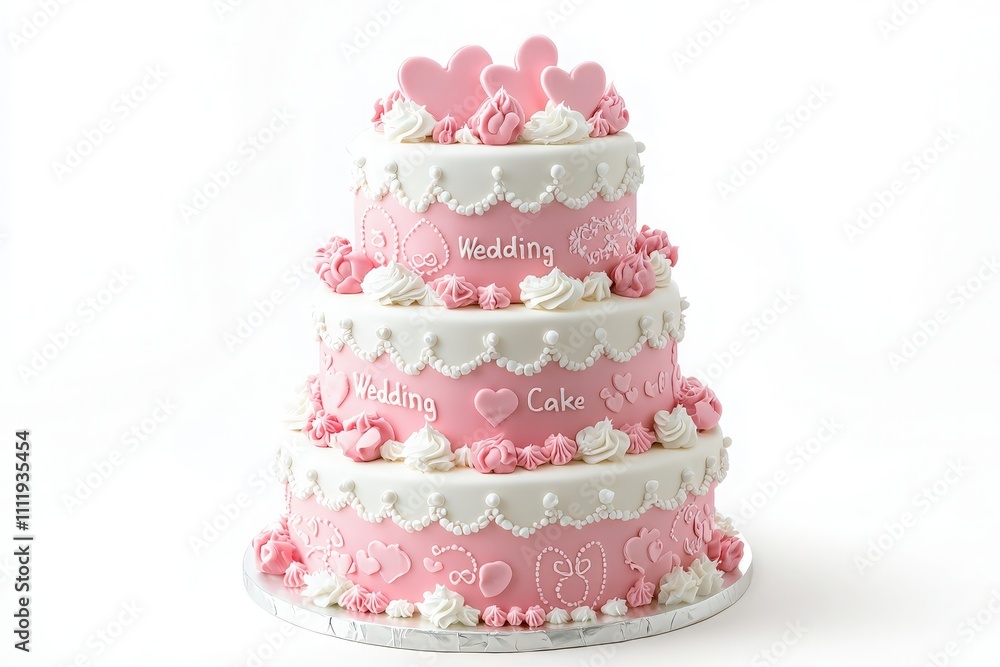 This three-tiered wedding cake features a charming pink design with white adornments, hearts, and delicate frosting. It is perfect for a romantic celebration, adding sweetness to the occasion.