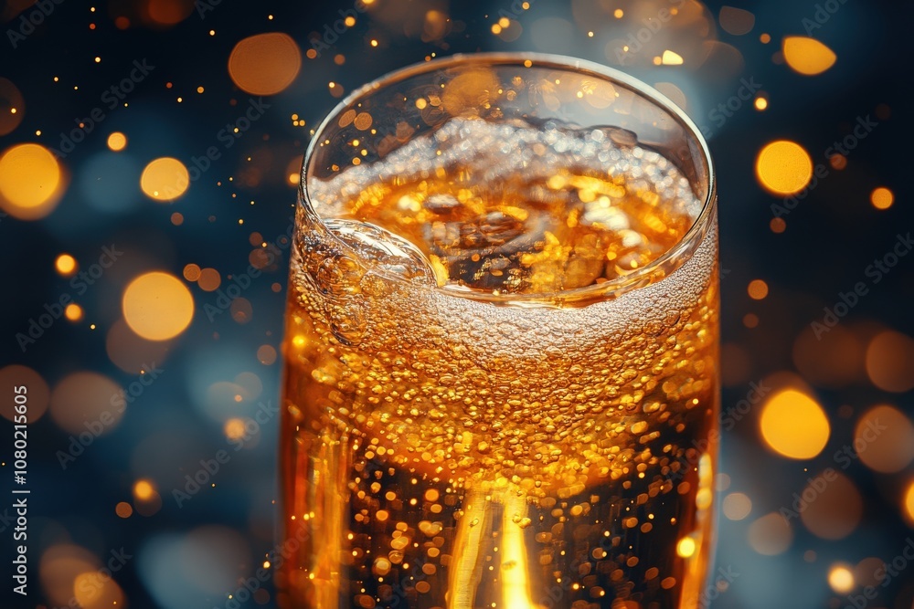 This top-down perspective highlights a champagne flute filled with sparkling beverage, capturing the effervescent bubbles and warm golden tones against a softly illuminated background.