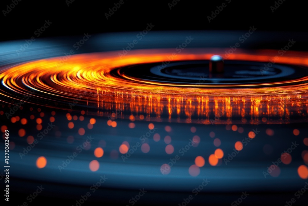 This top-down view showcases a classic vinyl record, highlighting its grooves and vibrant light reflections. The intricate details capture the beauty and nostalgia of analog music.
