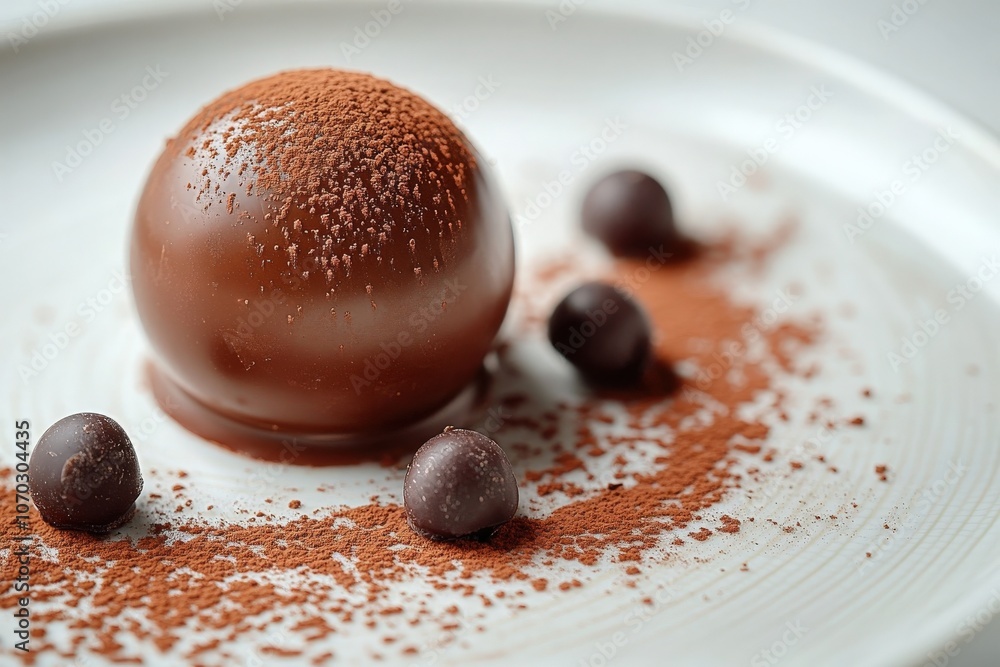 This top-down view showcases a luxurious chocolate sphere seated on a delicate plate, surrounded by cocoa powder and small chocolate truffles. The artistry highlights gourmet presentation.