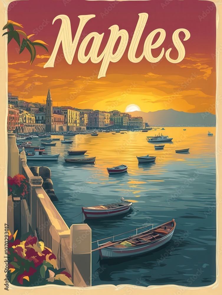 This travel poster captures the essence of Naples during a stunning sunset, showcasing serene waters lined with charming boats and picturesque buildings reflecting vibrant colors.