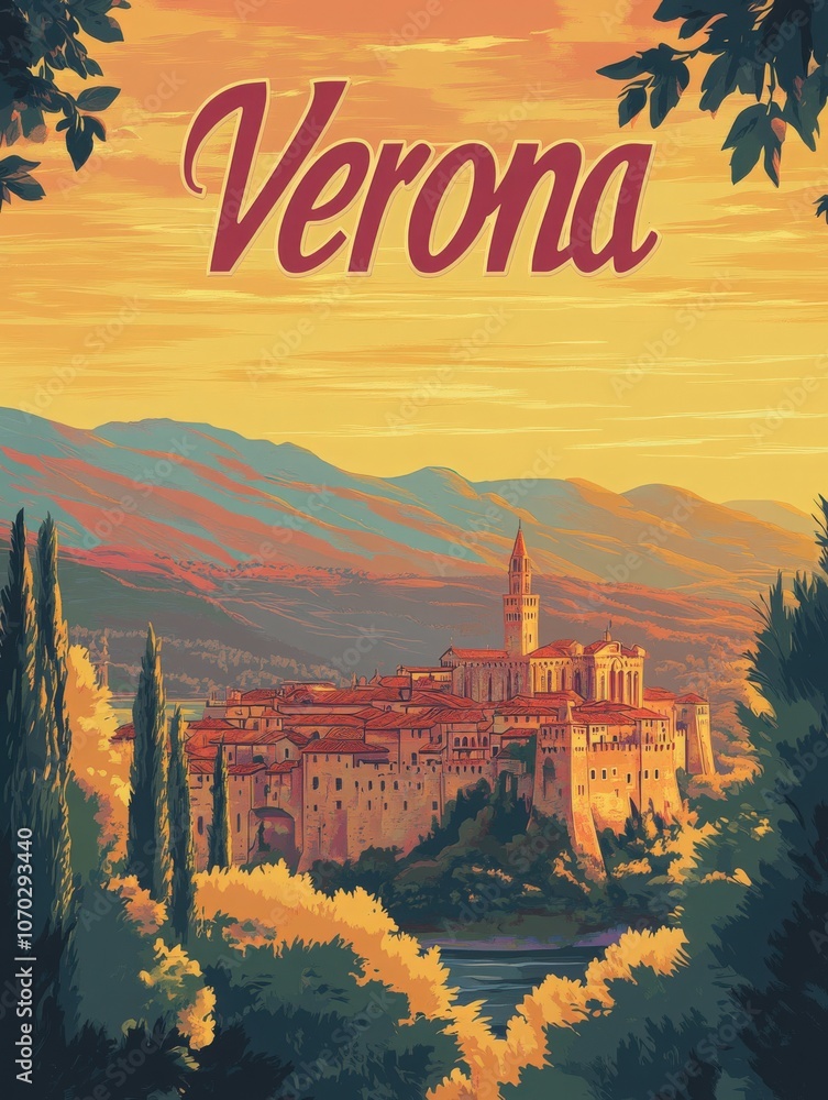 This travel poster captures the essence of Verona at sunset, featuring its iconic architecture against a backdrop of rolling hills and lush greenery, inviting travelers to discover its rich history.