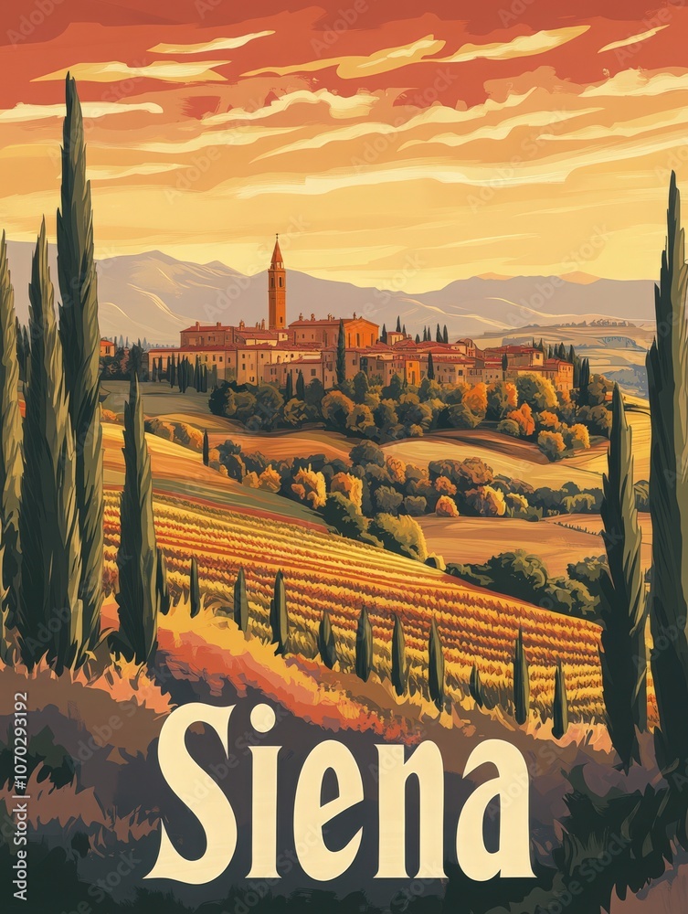 This travel poster captures the picturesque scenery of Siena, showcasing its rolling hills, cypress trees, and magnificent architecture. Experience the charm of this historic Tuscan city.