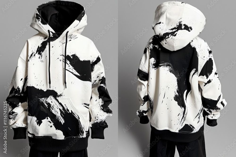 This trendy hoodie features a bold black and white abstract design, perfect for streetwear enthusiasts. Ideal for casual outings, the comfortable fit enhances everyday style.