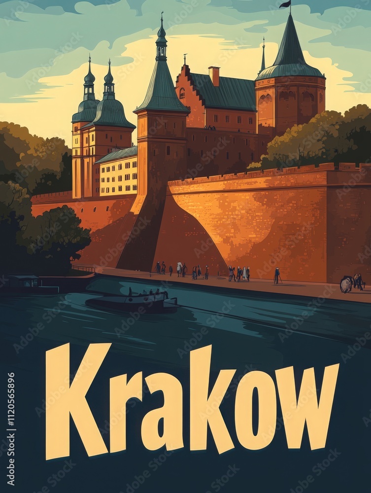 This vibrant artwork captures the essence of Krakow, showcasing a magnificent castle along a tranquil river. The warm colors highlight the architectural elegance and surrounding scenery.