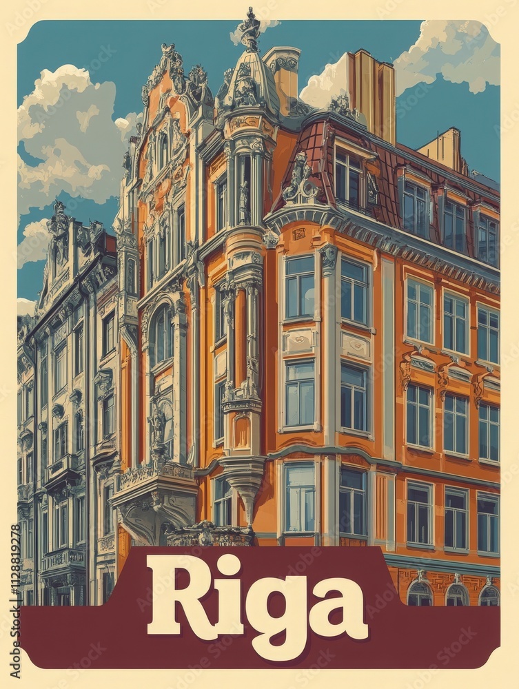 This vibrant building in Riga features intricate architectural details and ornate facades against a blue sky. The sunshine highlights the rich colors and historic character of the city.