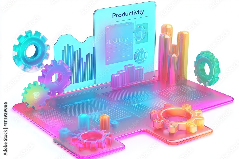 This vibrant display showcases a futuristic workspace centered around productivity and data analysis, featuring colorful graphs and gears that symbolize efficiency and innovation.