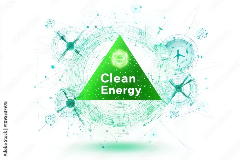 This vibrant graphic showcases the concept of clean energy, featuring a green triangle at its center surrounded by various technological elements representing sustainability and innovation.