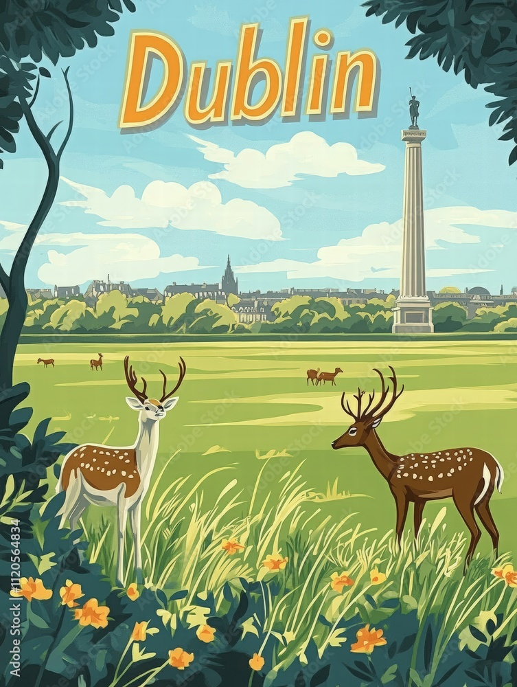 This vibrant illustration showcases a tranquil Dublin park with deer grazing among wildflowers. The iconic monument stands tall in the background, highlighting the citys charm.