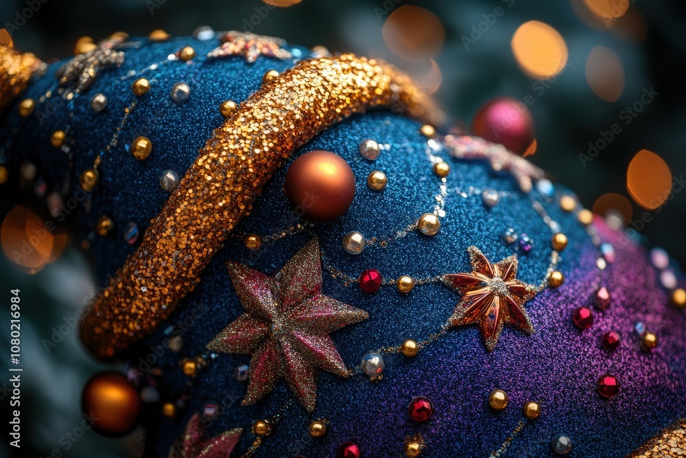 This vibrant party hat, detailed with glitter and decorative ornaments, captures the festive spirit of holiday gatherings.