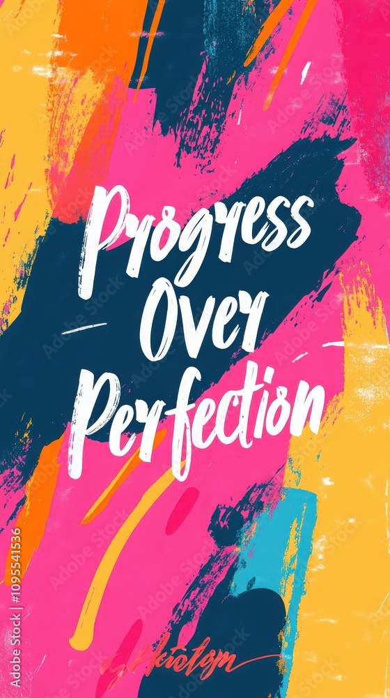 This vibrant piece features the phrase Progress Over Perfection prominently displayed against a colorful abstract background.