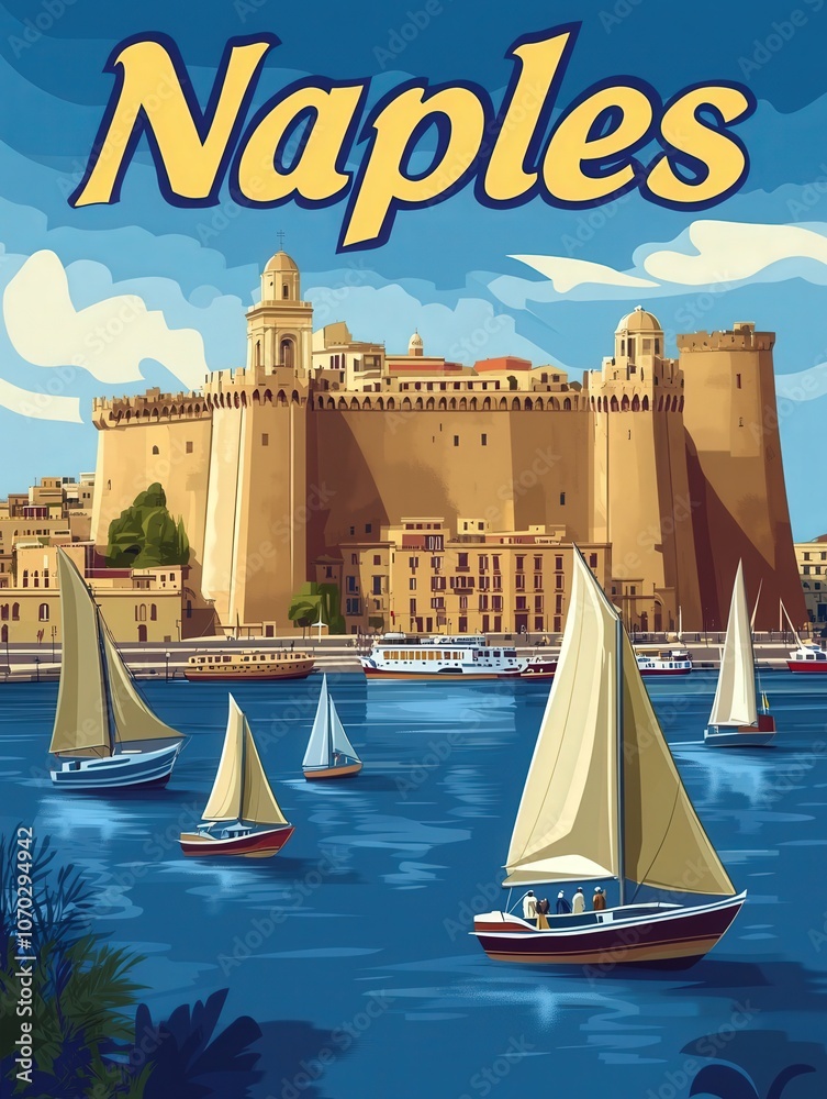 This vibrant retro travel poster showcases the stunning coastline of Naples, featuring historical castles, sailboats on clear waters, and a bright blue sky, inviting visitors to explore its beauty.