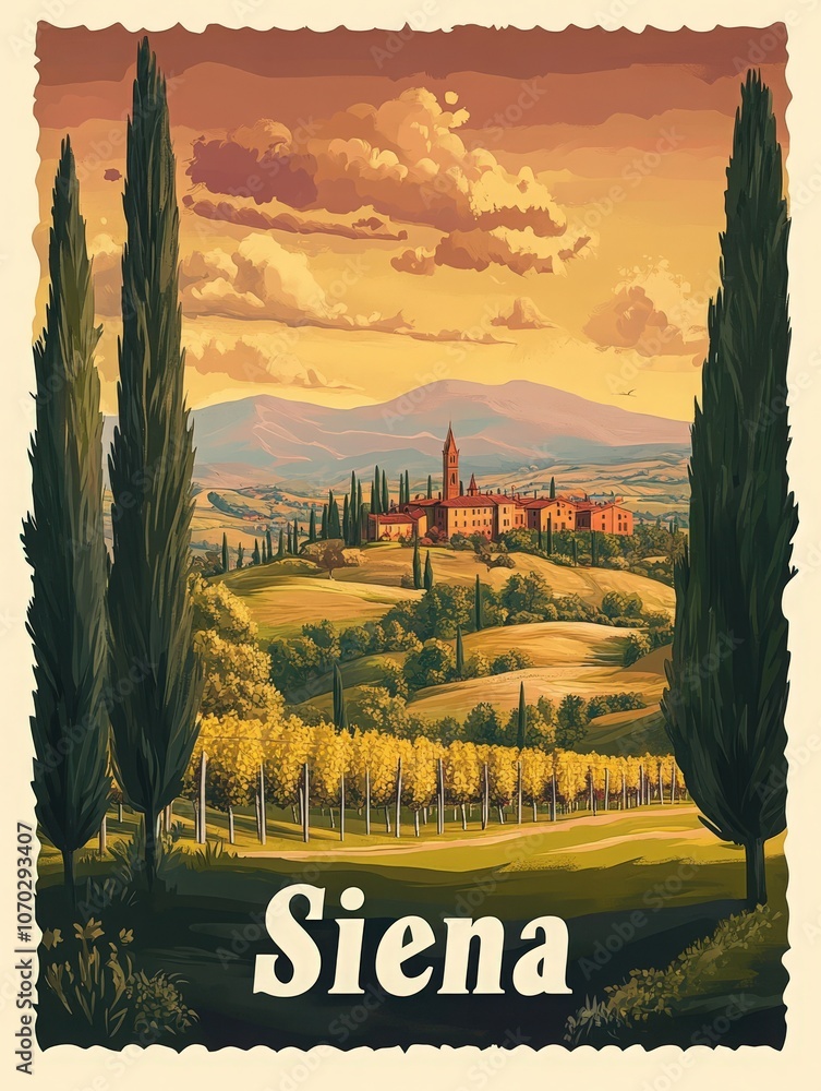 This vibrant travel poster highlights the beauty of Siena, featuring rolling hills, cypress trees, and historic architecture, inviting travelers to explore the enchanting Tuscan landscape.