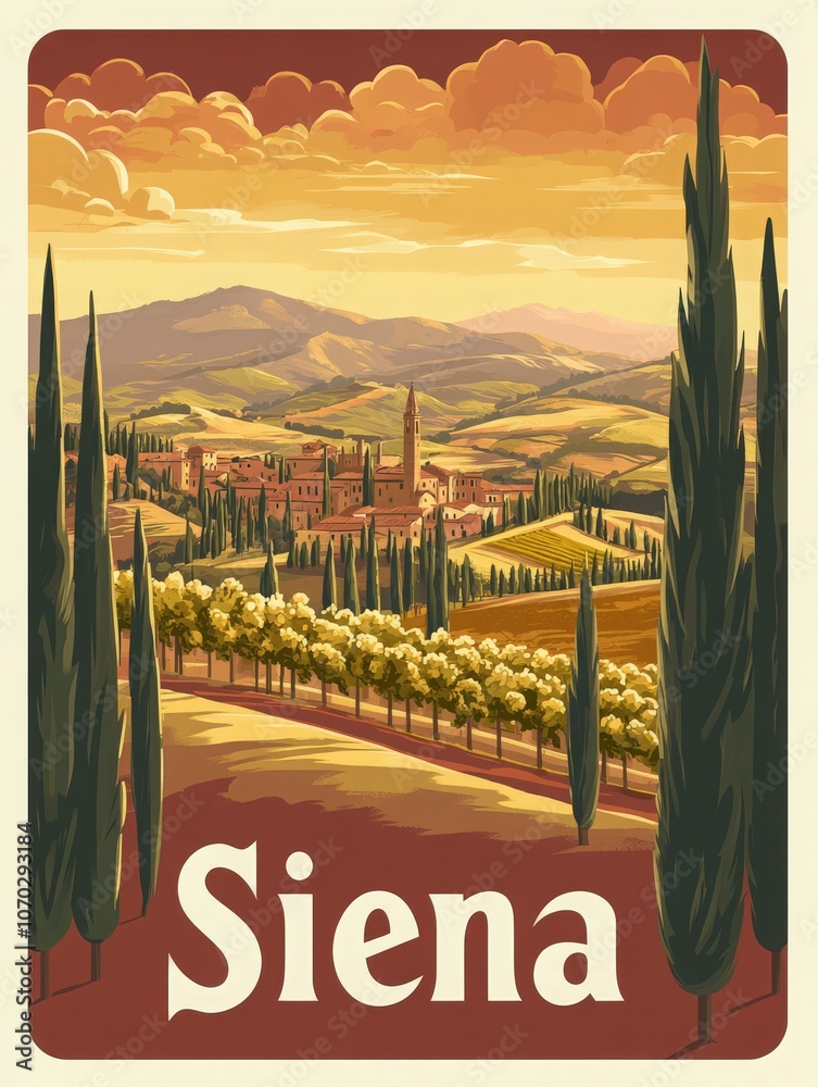 This vibrant travel poster showcases Sienas stunning countryside, featuring rolling hills, cypress trees, and the historic city skyline bathed in warm sunset colors, inviting visitors to explore.
