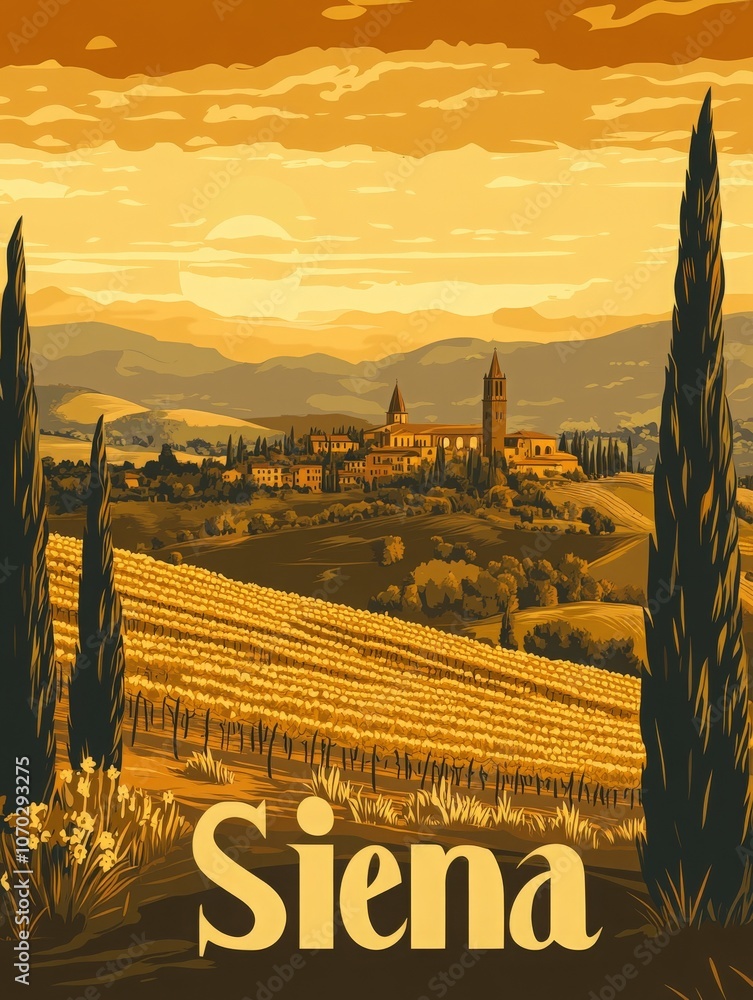 This vibrant travel poster showcases the scenic beauty of Siena, featuring rolling hills, vineyards, and the iconic skyline bathed in warm hues, inviting travelers to explore its historic charm.