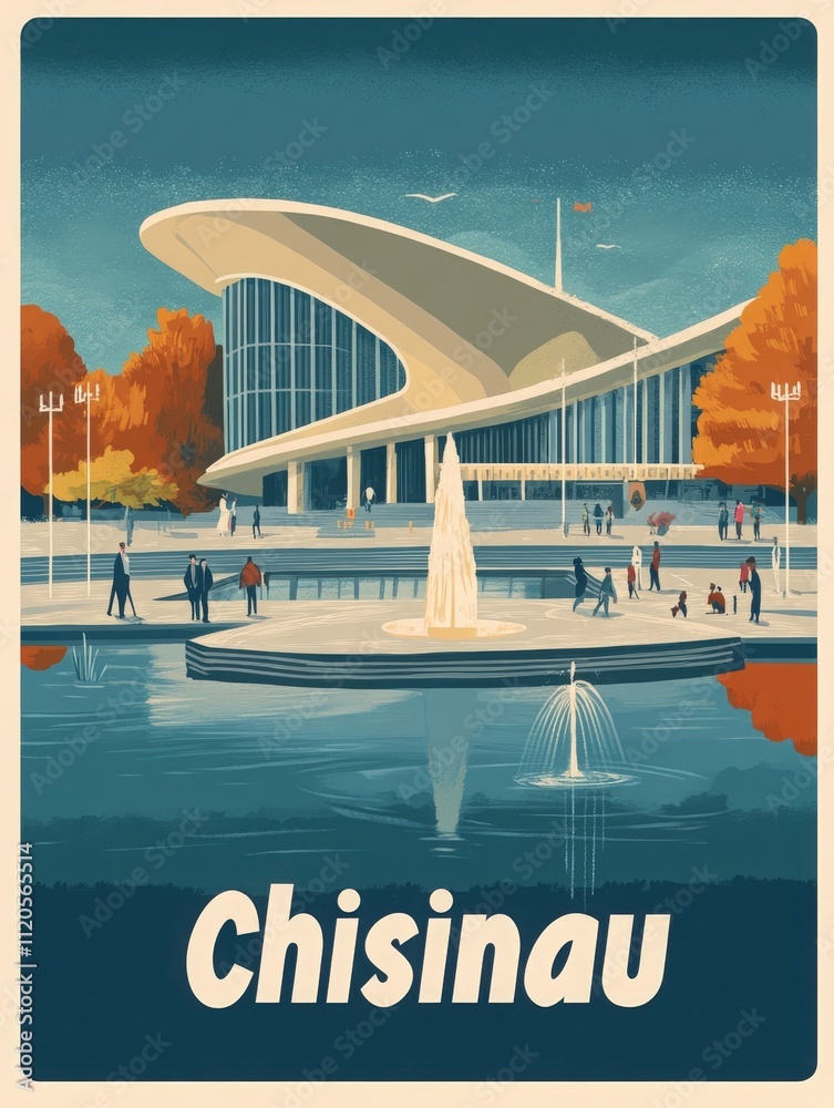 This vibrant urban scene features a stunning modern building in Chisinau surrounded by autumn trees. Groups of people gather near a fountain, enjoying the pleasant day and lively atmosphere.