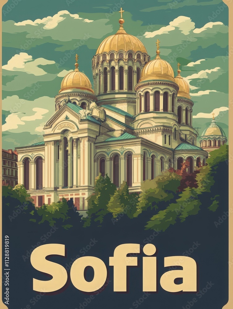 This view showcases a magnificent structure in Sofia, Bulgaria, characterized by its golden domes and intricate architectural details, surrounded by lush greenery and a vibrant sky.