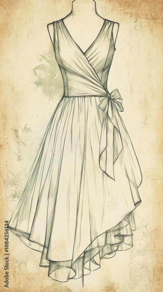 This vintage haute couture sketch presents a beautifully designed dress with a wrap bodice, accentuated by a flowing skirt and a decorative bow.