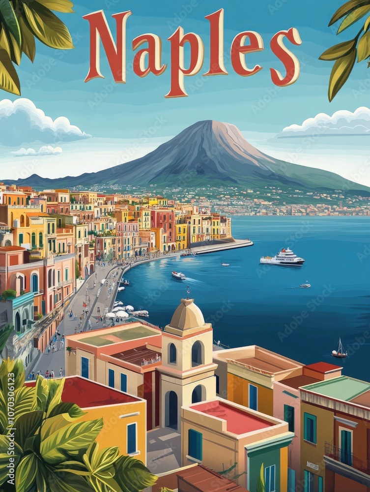 This vintage poster highlights Naples beautiful coastline, with colorful buildings along the water and majestic Mount Vesuvius in the background, inviting exploration.
