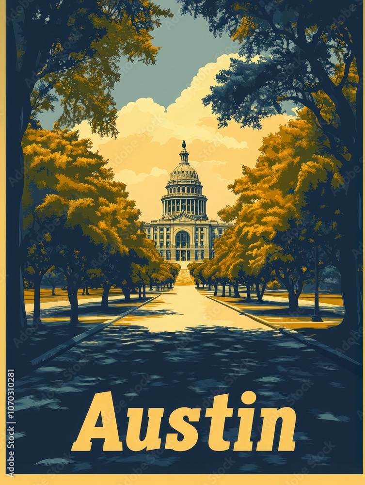 This vintage travel poster captures the charm of Austin, showcasing the majestic Capitol building surrounded by vibrant green trees, inviting visitors to experience the citys rich culture.