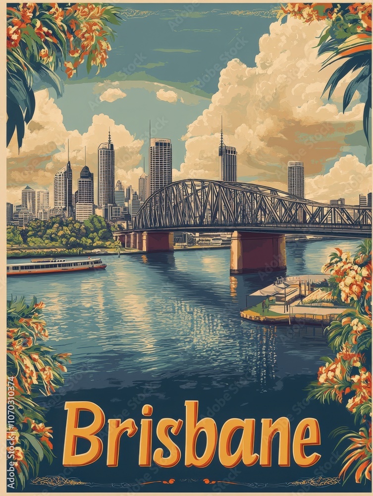 This vintage travel poster captures the essence of Brisbane, showcasing its stunning skyline, the bridge over the river, and lush surroundings, reflecting the vibrant city life and natural beauty.