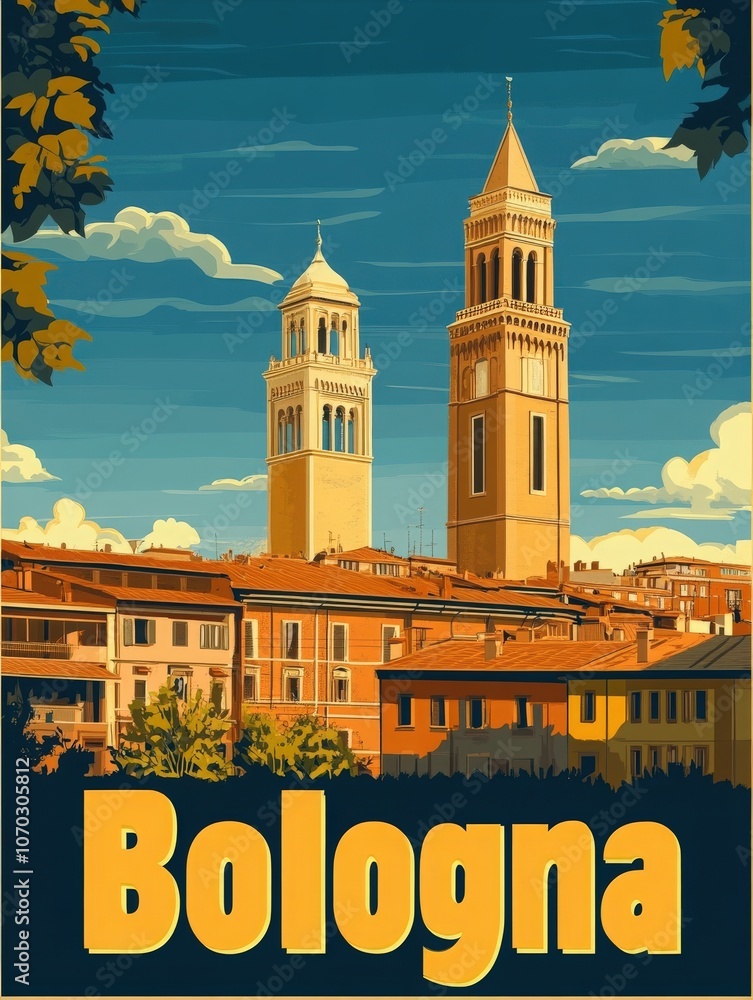 This vintage travel poster captures the iconic towers of Bologna, showcasing their distinctive architecture against a vibrant sky, inviting travelers to explore the citys rich history.