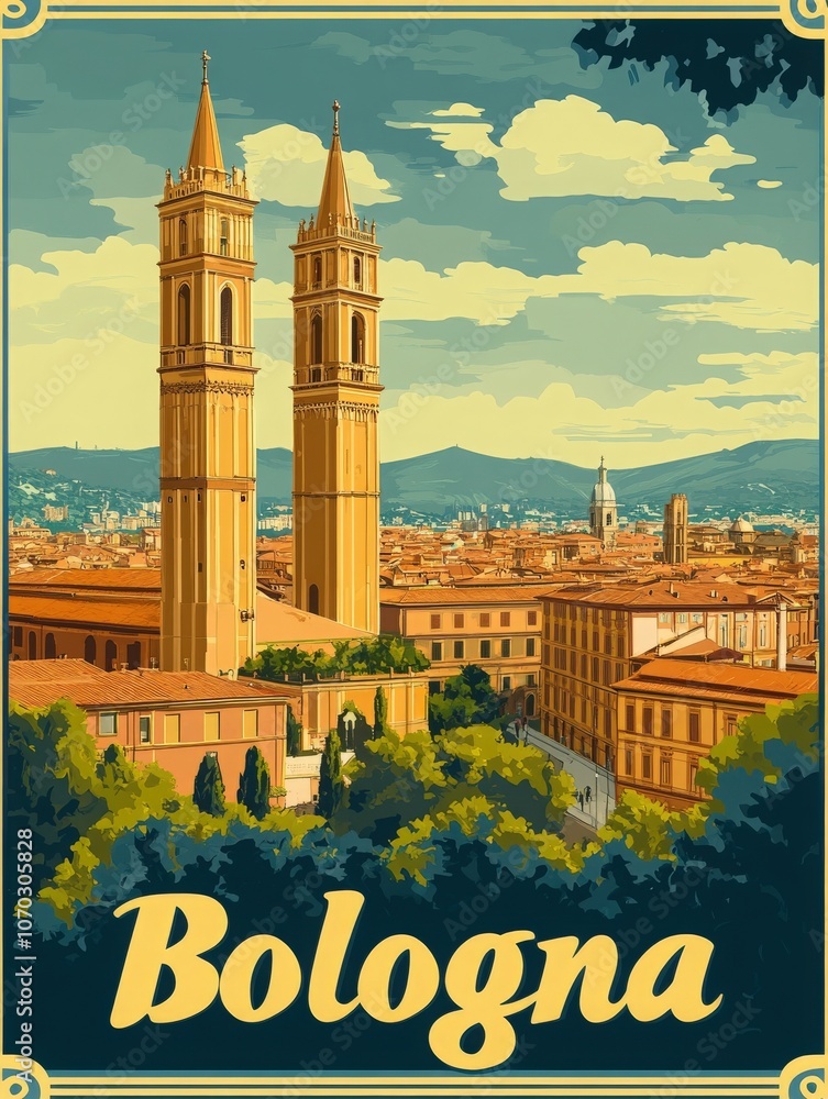 This vintage travel poster highlights Bolognas iconic towers and historic skyline, set against rolling hills and classic architecture, enticing travelers to discover its rich culture.