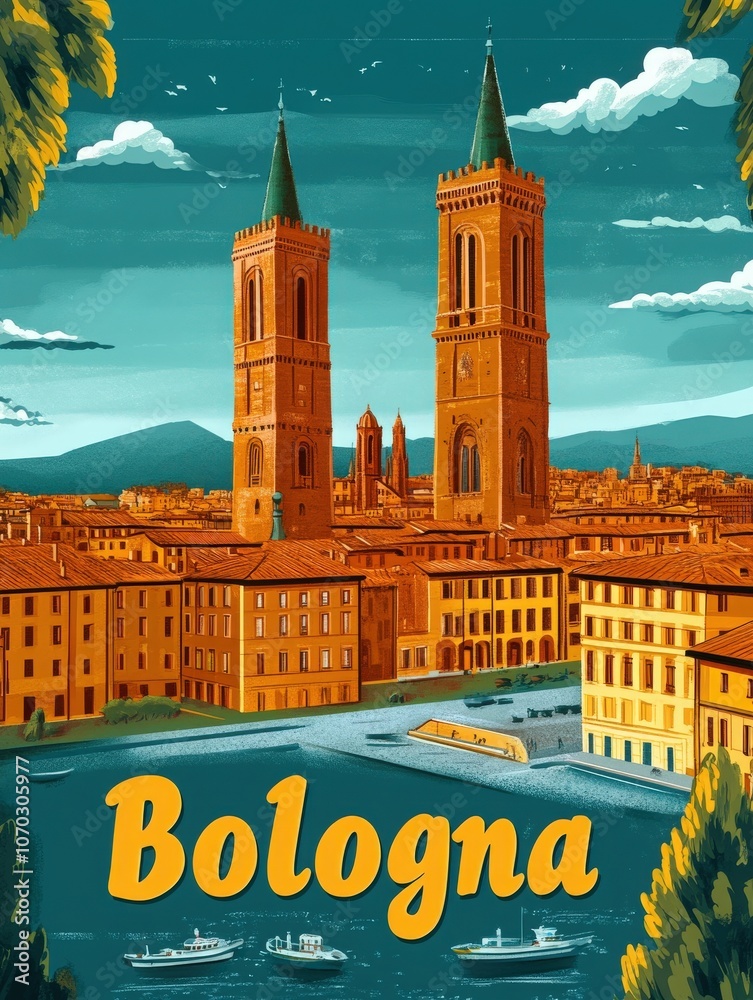 This vintage travel poster highlights Bolognas iconic two towers, surrounded by charming buildings, mountains, and waterways, showcasing the beauty of this historic Italian city.