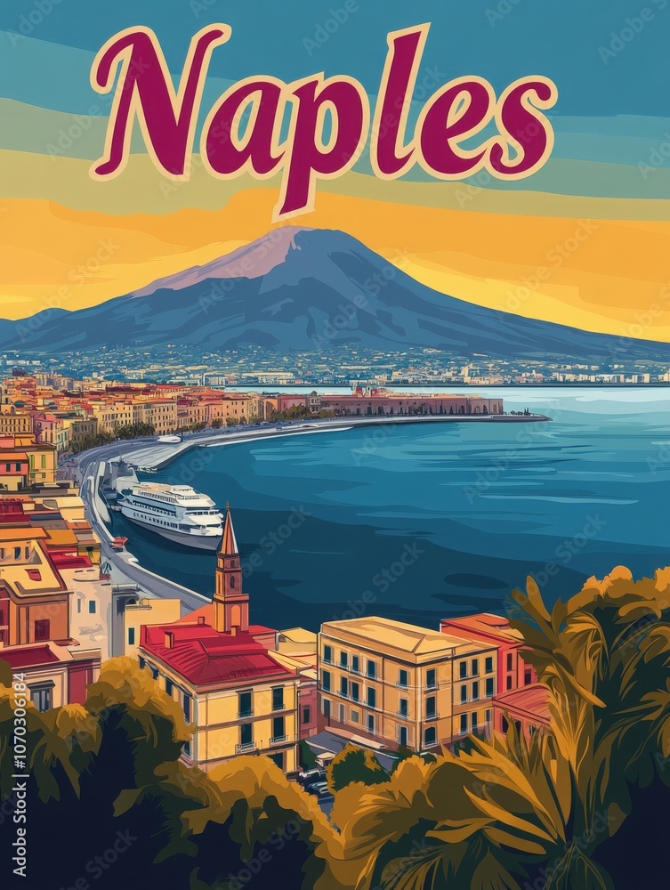 This vintage travel poster highlights Naples stunning coastline, vibrant buildings, and majestic Vesuvius, inviting travelers to experience its beauty.