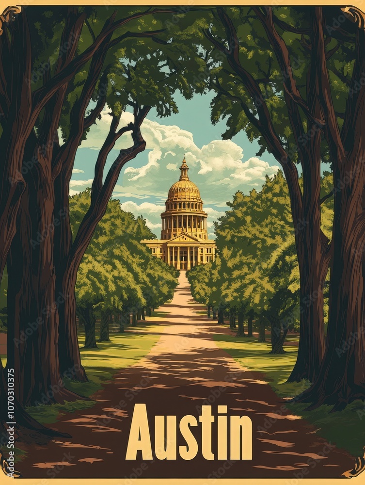 This vintage travel poster invites viewers to experience the beauty of Austin, featuring the iconic state capitol framed by lush trees on a sunny day. Perfect for travel enthusiasts and locals.