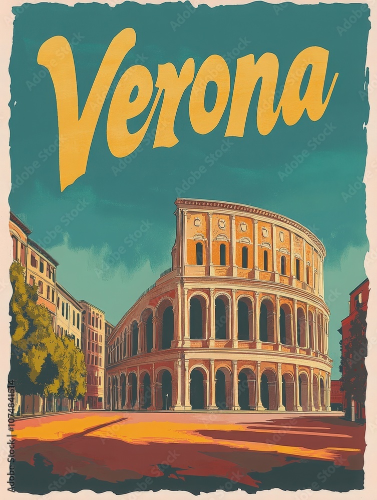This vintage travel poster invites viewers to explore Verona, featuring the majestic amphitheater surrounded by charming architecture and trees. Discover the historical beauty of this Italian city.