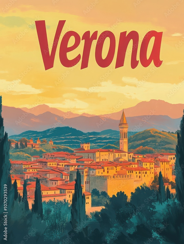 This vintage travel poster invites viewers to explore Veronas enchanting landscape, featuring rolling hills, charming architecture, and the iconic bell tower. A perfect glimpse of Italian allure.